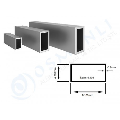Alüminyum Kutu Profil 300mm X 100mm Et Kalınlık 3mm Alüminyum Kutu Profil 300mm X 100mm Et Kalınlık 3mm